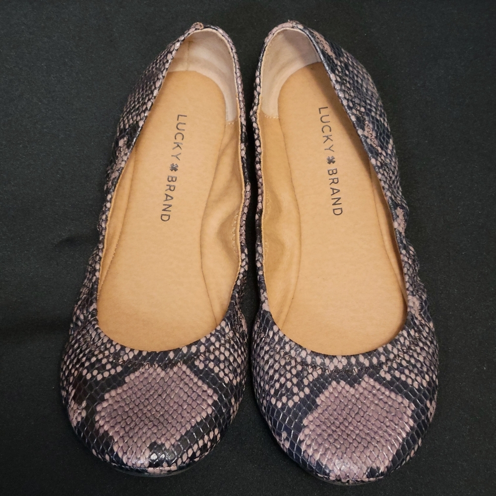 Lucky Brand Emmie Ballet Flats Shoes Size 7.5 Leather Snake Print Slip On